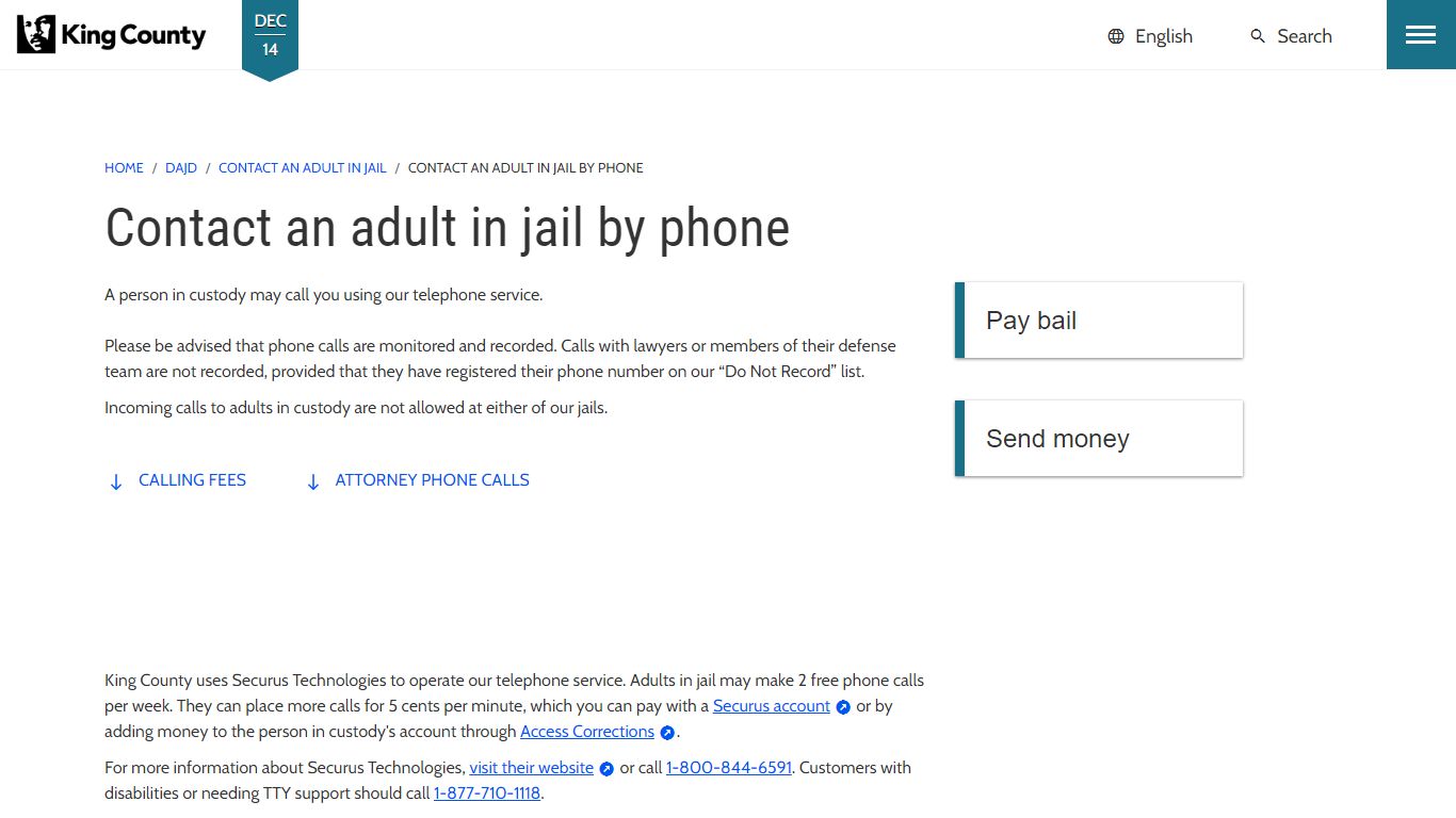 Contact an adult in jail by phone - King County, Washington